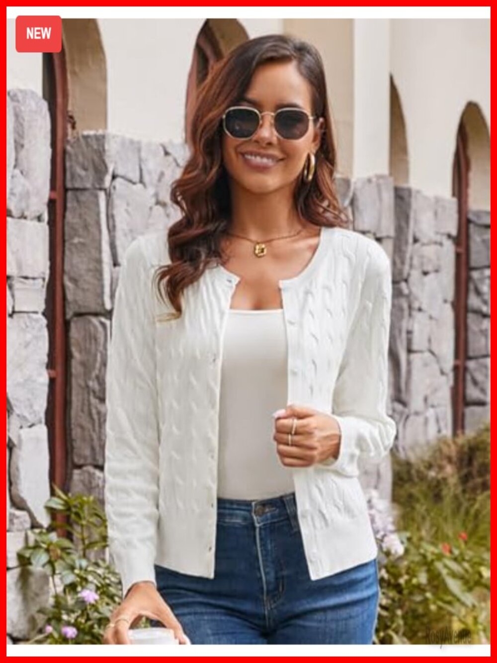Long Sleeve Button Up Cable Knit Cardigan Lightweight Crewneck Sweater - Picture 3 of 7